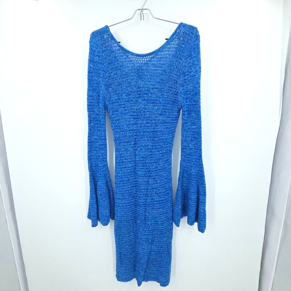 NY & Co Crochet Bell Sleeve Sheath Dress Size XS Blue Boho Chic Beachy 70s Retro